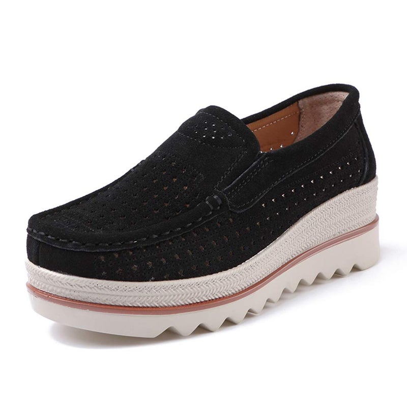 Ruiatoo Women's Platform Slip on Loafers Hollow Out Comfort Suede Moccasins Low Top Casual Shoes Black 35 - Image 1
